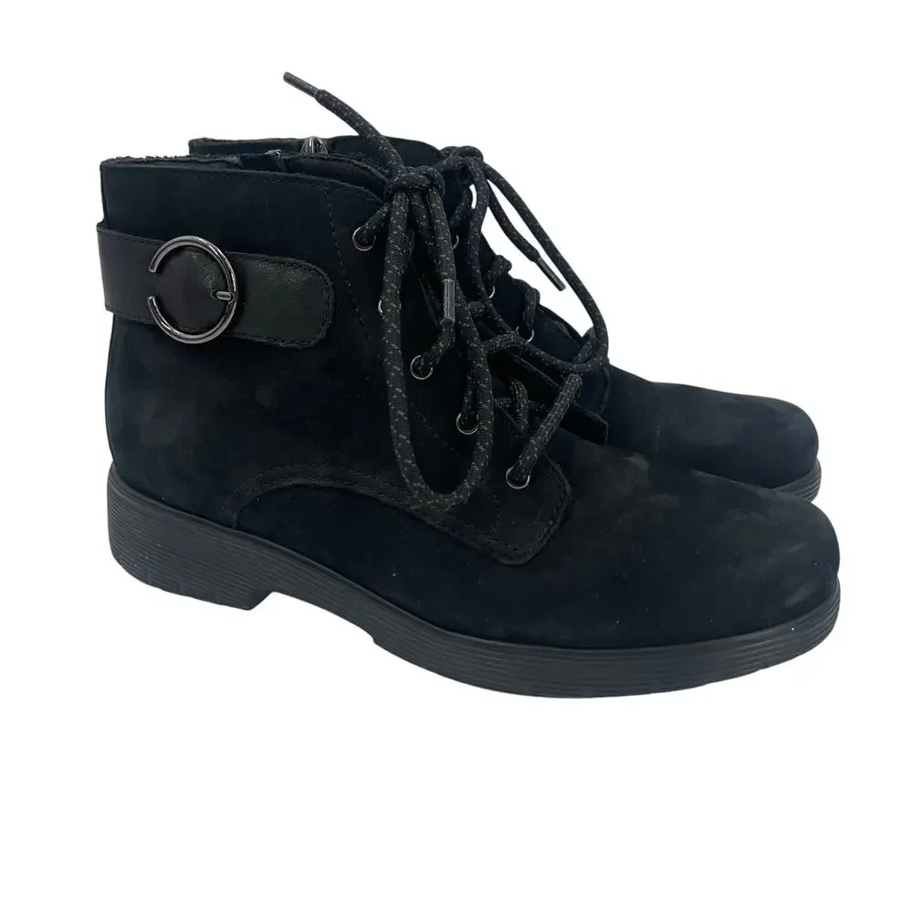 Munro Buckley Boots Size 7.5 Black Nubuck Leather Lace Up Zipper Buckle NWOT